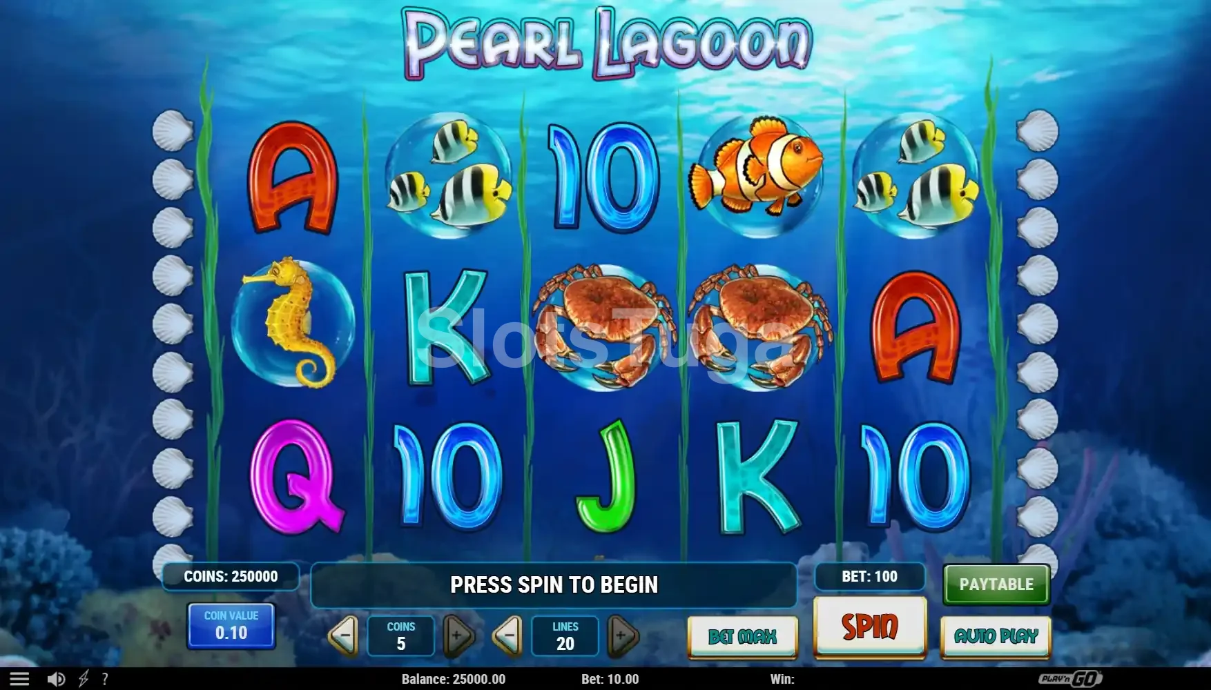 Tela principal da slot Pearl Lagoon mostrando os rouleaux e símbolos submarinos