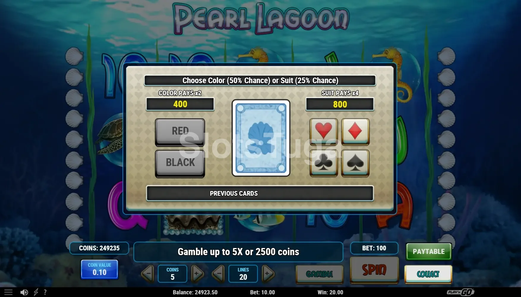 Tela de gamble da slot Pearl Lagoon mostrando a opção de dobrar ganhos