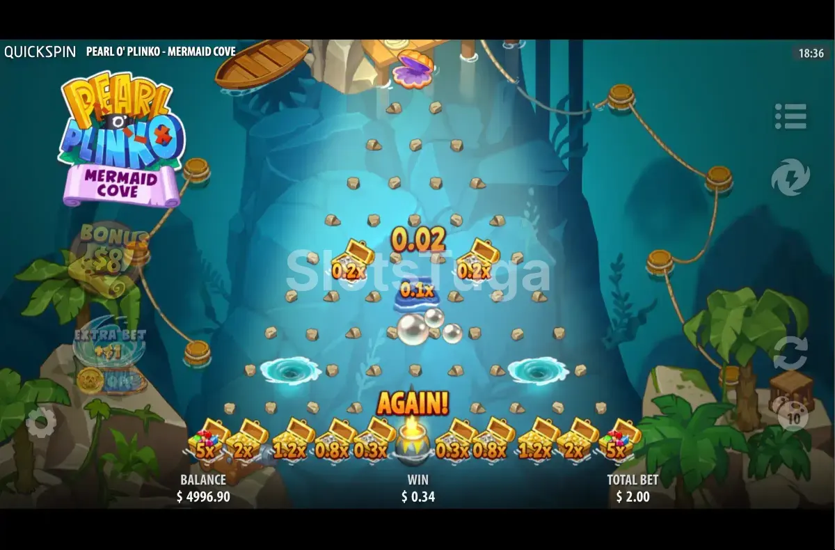 Tela principal do jogo Pearl O Plinko Mermaid Cove com bolinhas caindo