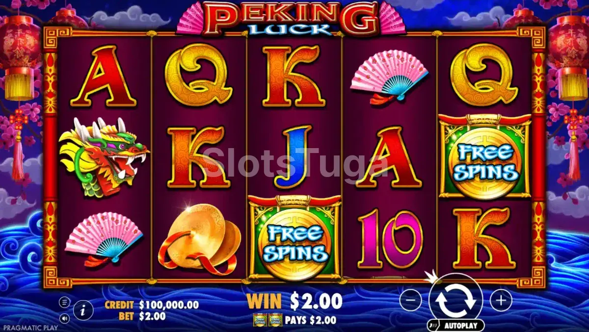 O jogo base de Peking Luck com dois símbolos Free Spins visíveis nas colunas central e direita, e um ganho de 2 € numa aposta de 2 €.
