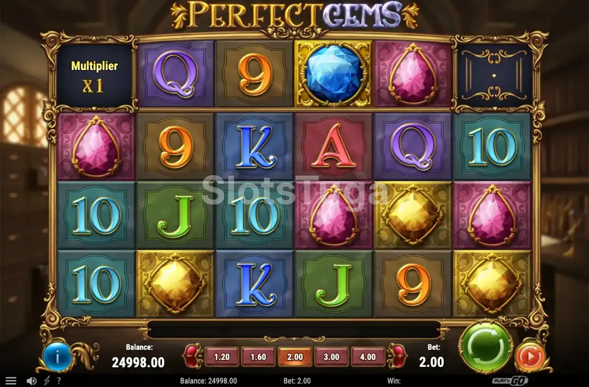 Tela inicial do jogo Perfect Gems com as gemas coloridas nos rouleaux