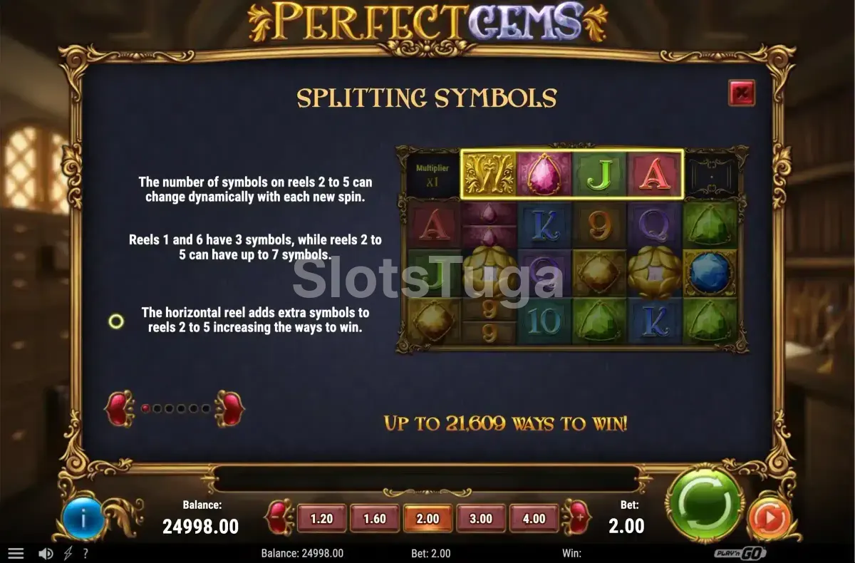 Tabela de pagamentos da Perfect Gems mostrando o valor de cada gema