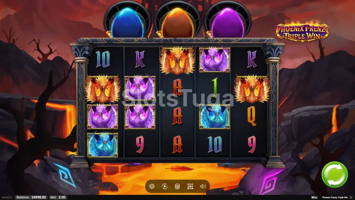Jogo base da Phoenix Frenzy Triple Win com os três medidores de ovos acima dos rolos