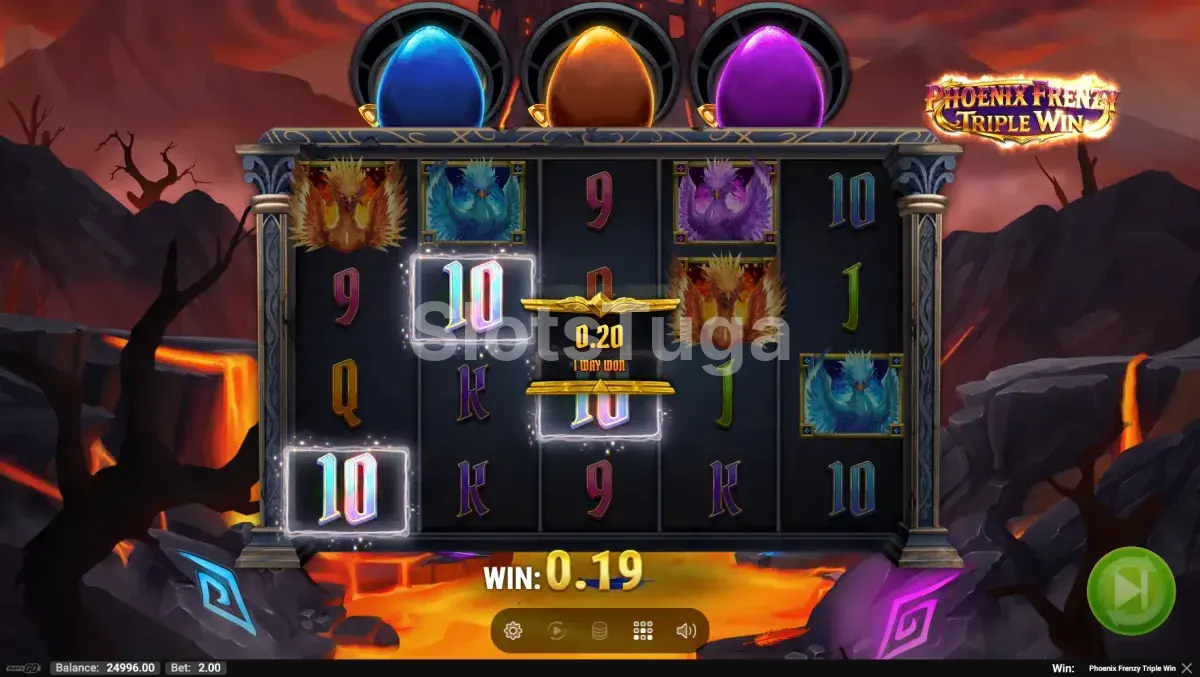 Segunda visão do jogo base da Phoenix Frenzy Triple Win destacando os ovos coloridos