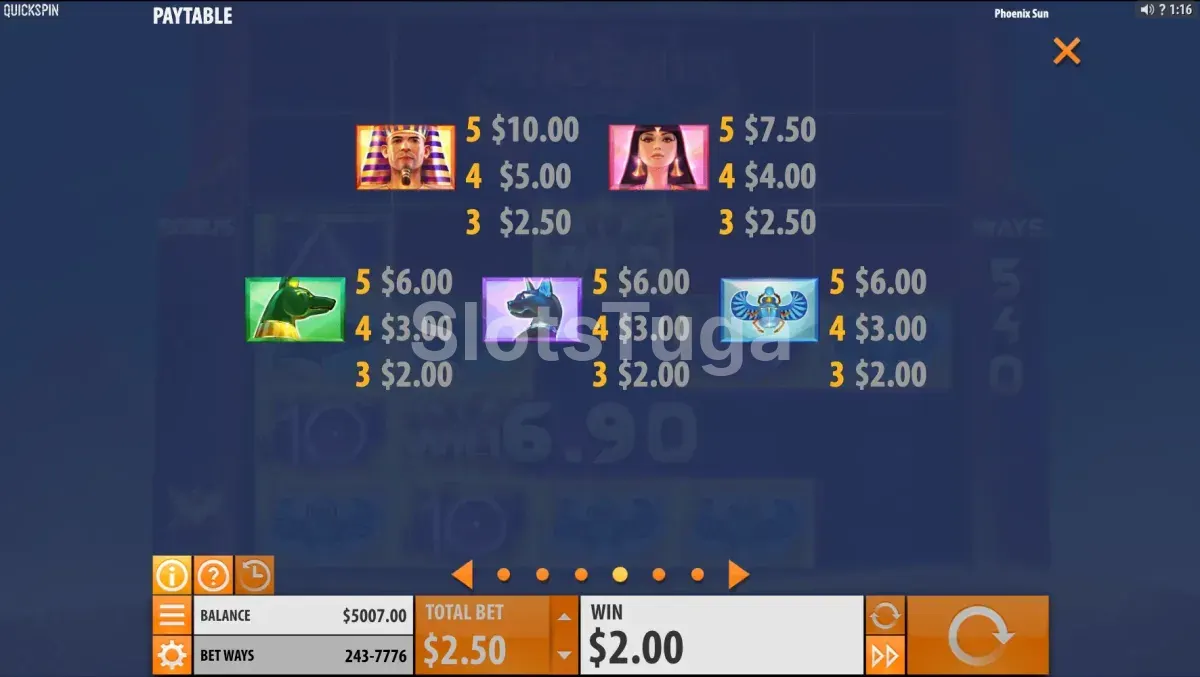 Tabela de pagamentos da slot Phoenix Sun com valores dos símbolos