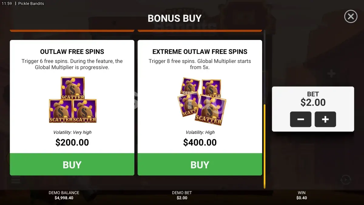 Tela de compra de bônus do Pickle Bandits com as opções disponíveis