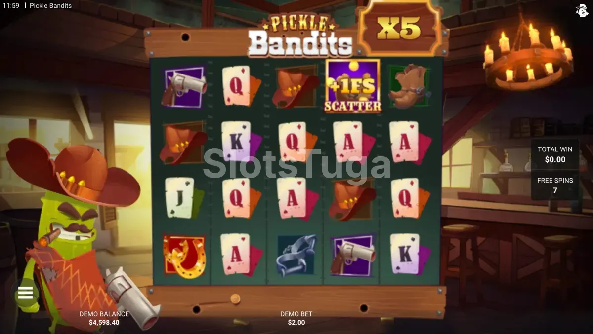 Modo de giros grátis ativado no Pickle Bandits com multiplicadores visíveis