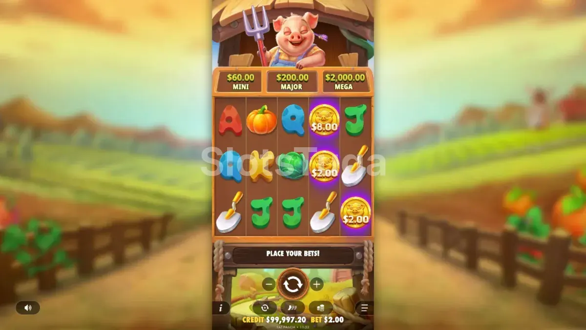 Jogo base da Pig Farm com símbolos de fazenda nos rolos