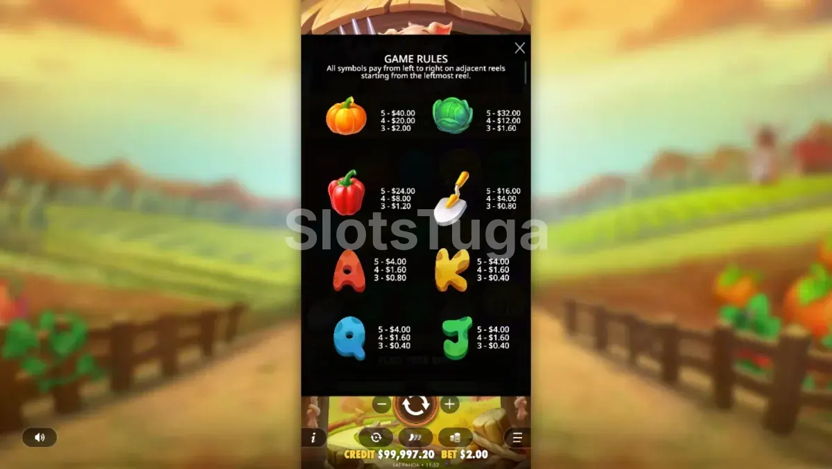 Tabela de pagamentos da Pig Farm mostrando símbolos e valores