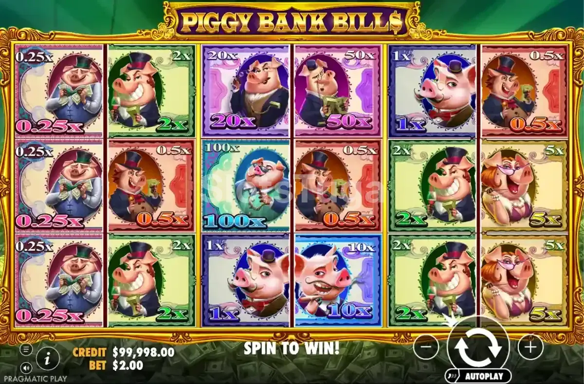Jogo base do Piggy Bank Bills com as cédulas divididas nos rolos