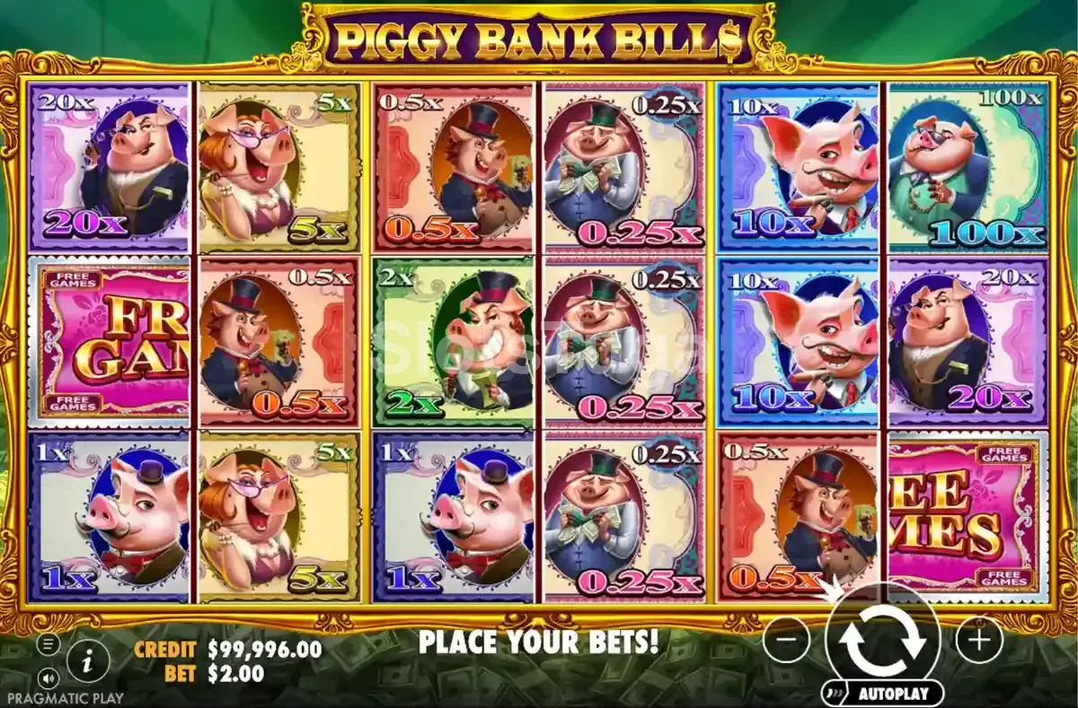 Segunda tela do jogo base de Piggy Bank Bills com os porcos e as notas coloridas