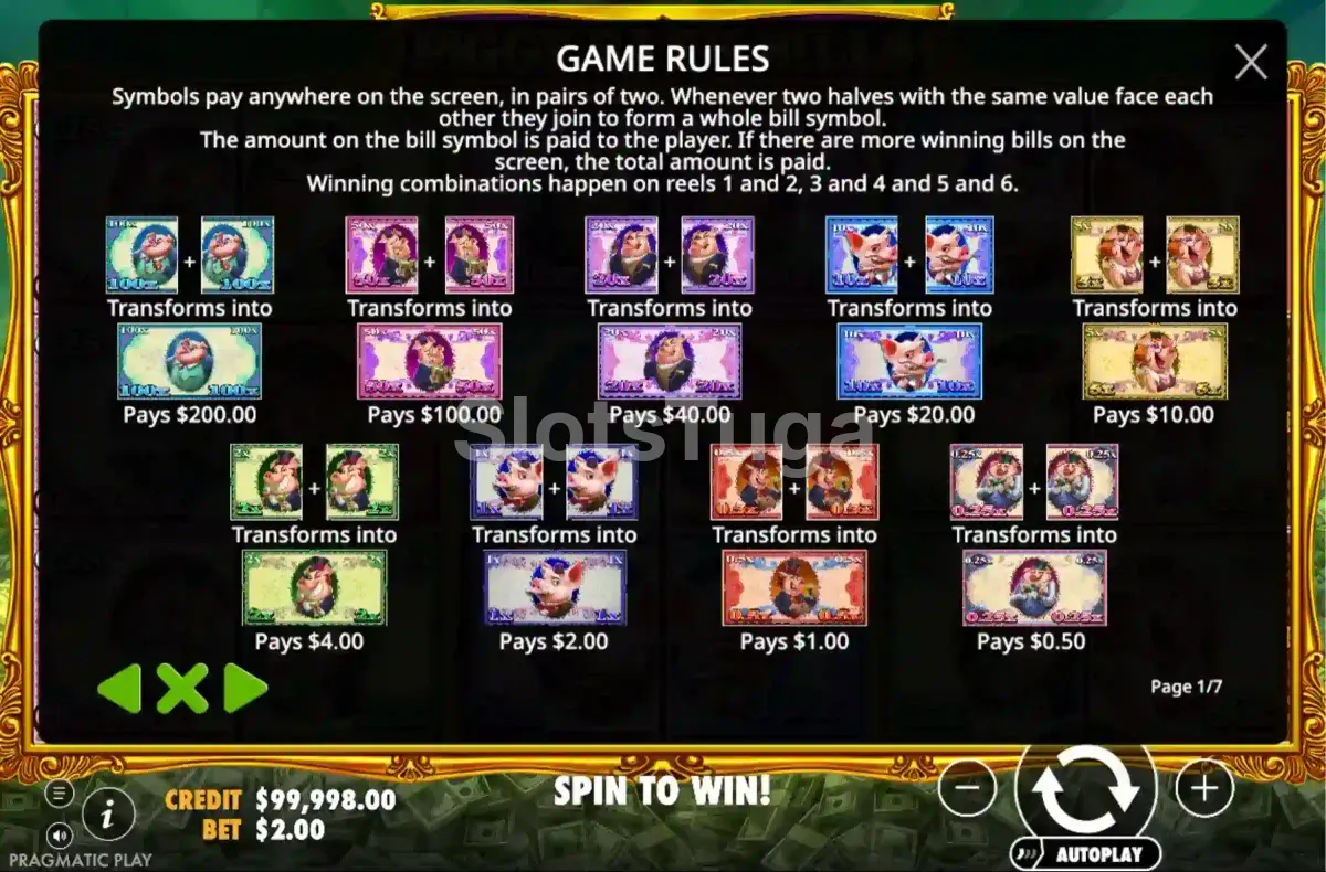 Tabela de pagamentos do Piggy Bank Bills mostrando os valores das cédulas