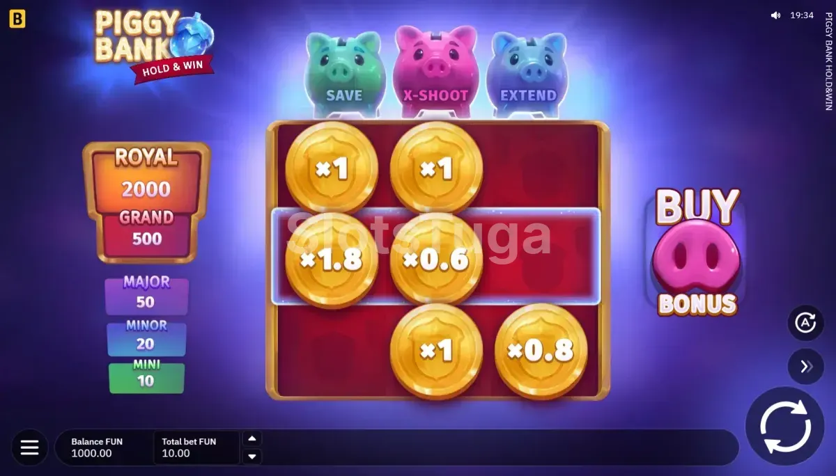Jogo base de Piggy Bank Hold & Win, com as moedas de valor a caírem sobre a linha central destacada e a escada de jackpots à esquerda.