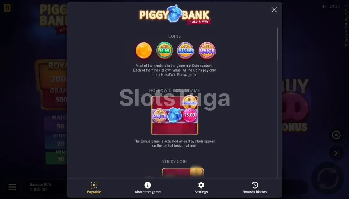Tabela de pagamentos da slot Piggy Bank Hold & Win mostrando os símbolos e prêmios