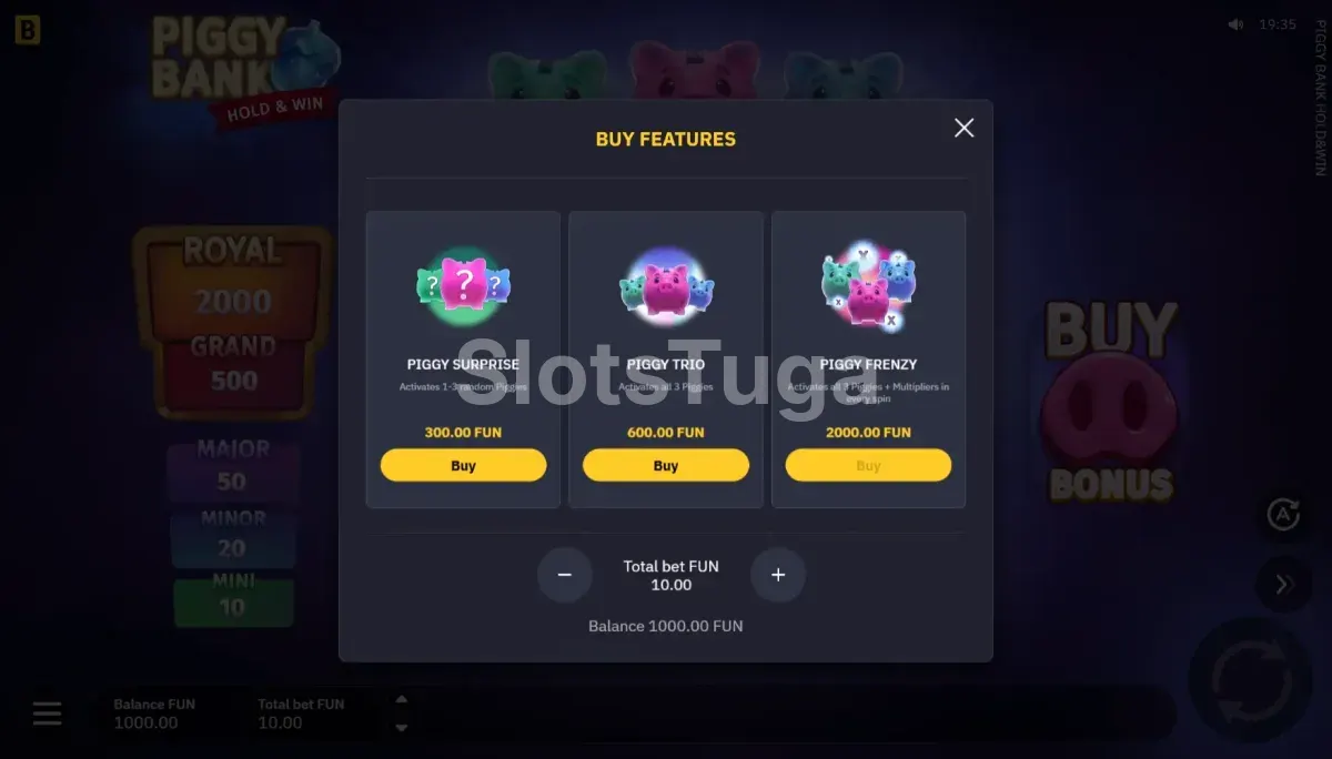 Opção de compra de bônus na Piggy Bank Hold & Win com os diferentes pacotes disponíveis