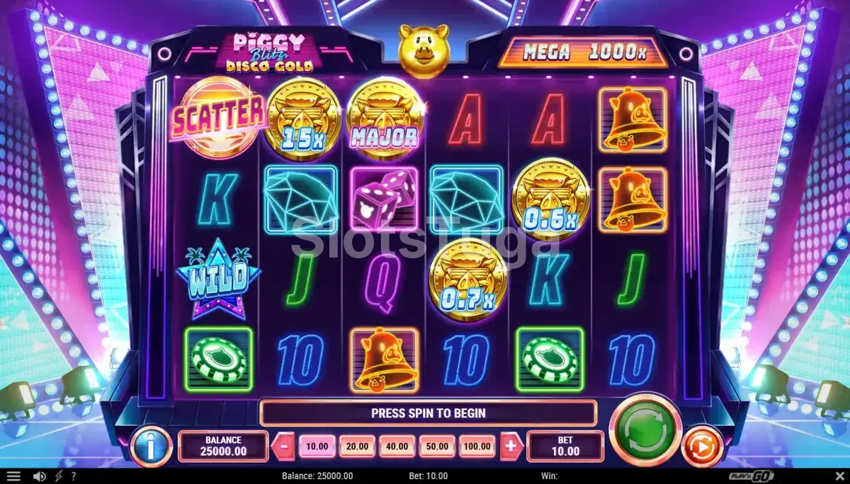 Tela principal da slot Piggy Blitz Disco Gold com tema disco neon