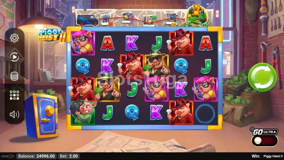 Segundo ecrã do jogo base de Piggy Heist 2 com símbolos temáticos