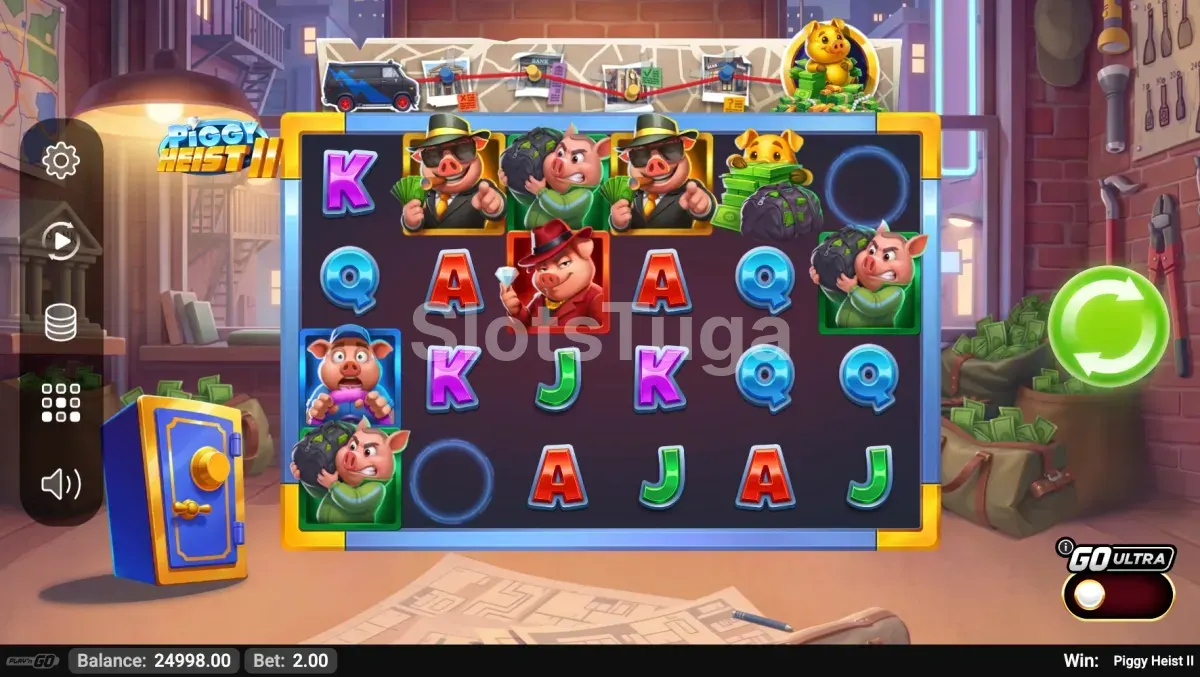 Jogo base de Piggy Heist 2 com a grelha de 6 rolos e 4 linhas