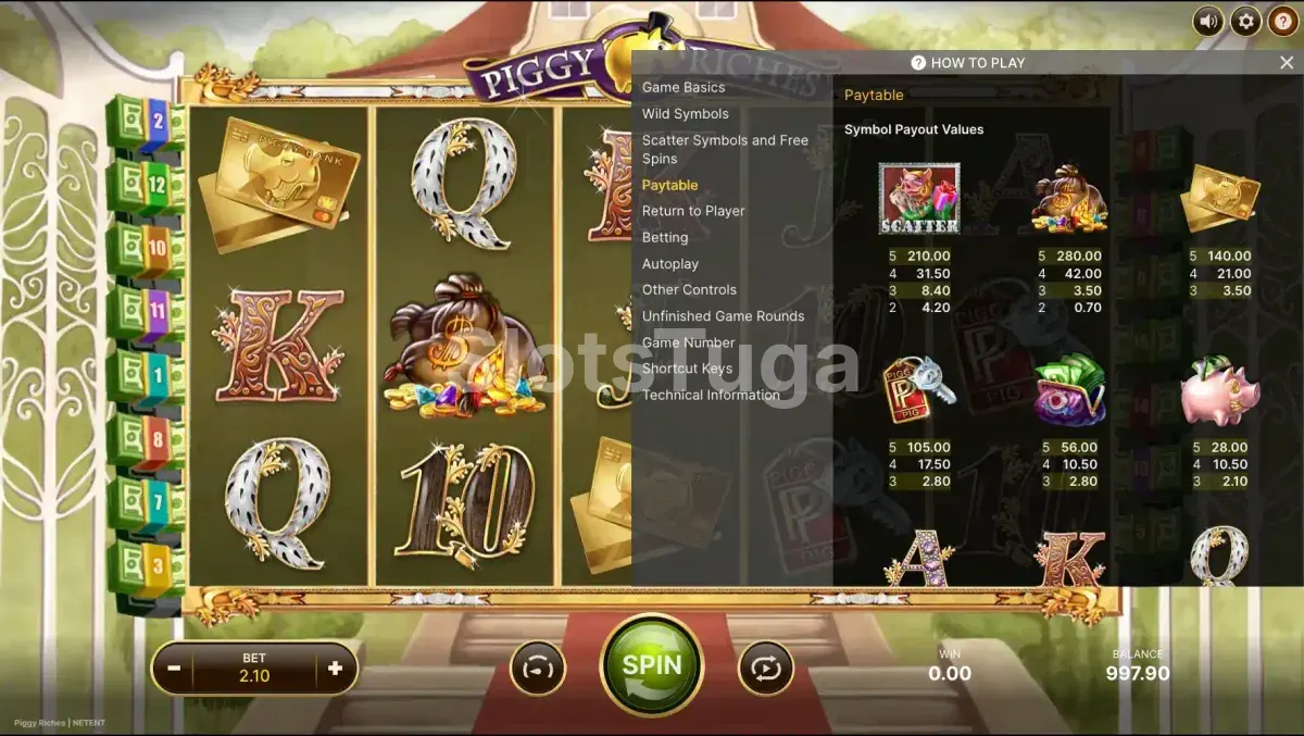 Tabela de pagamentos da slot Piggy Riches mostrando os símbolos e prêmios
