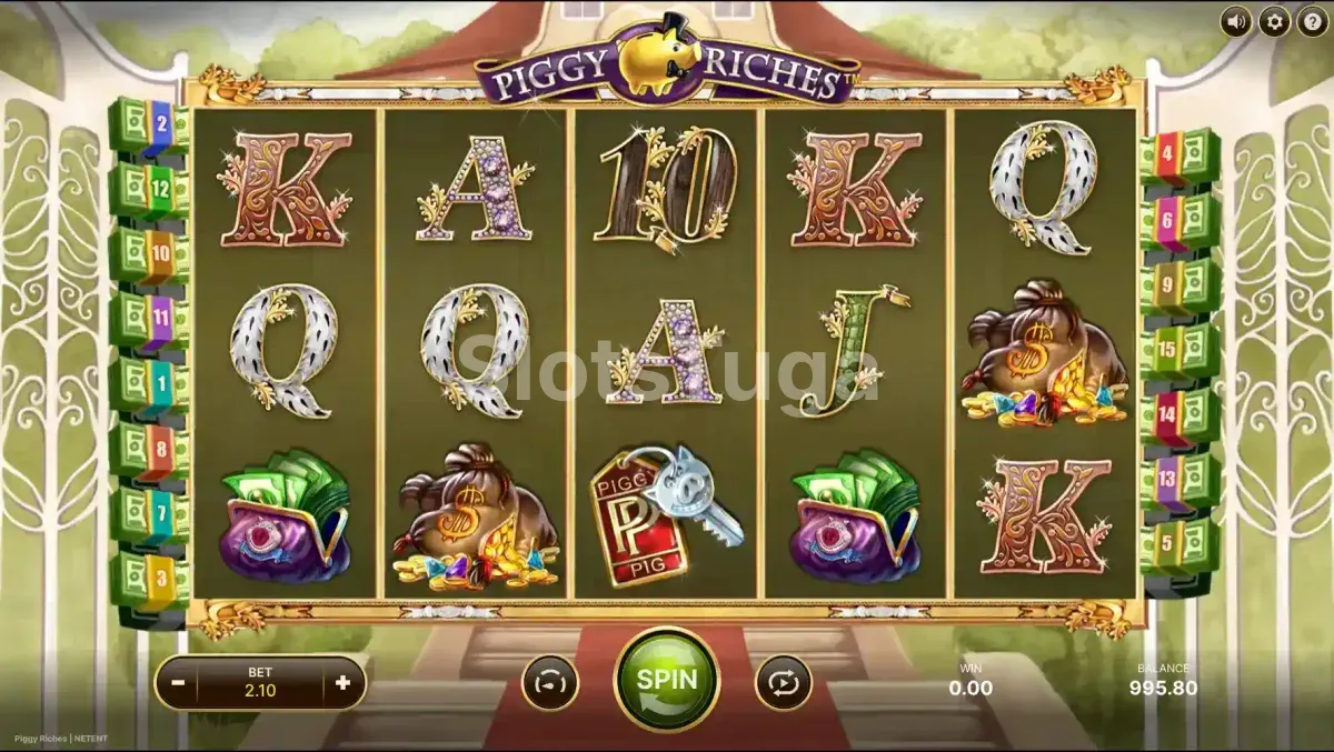 Segunda tela de jogo da Piggy Riches com combinações de símbolos premium