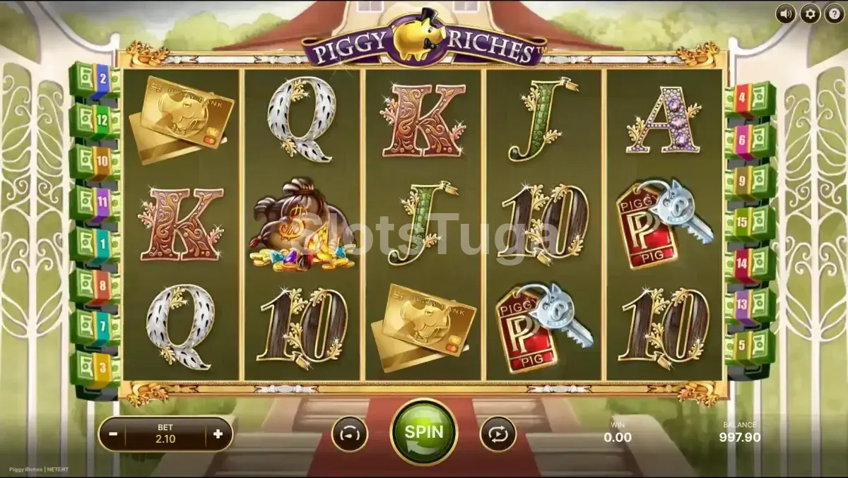 Tela principal da slot Piggy Riches com rolos e símbolos temáticos
