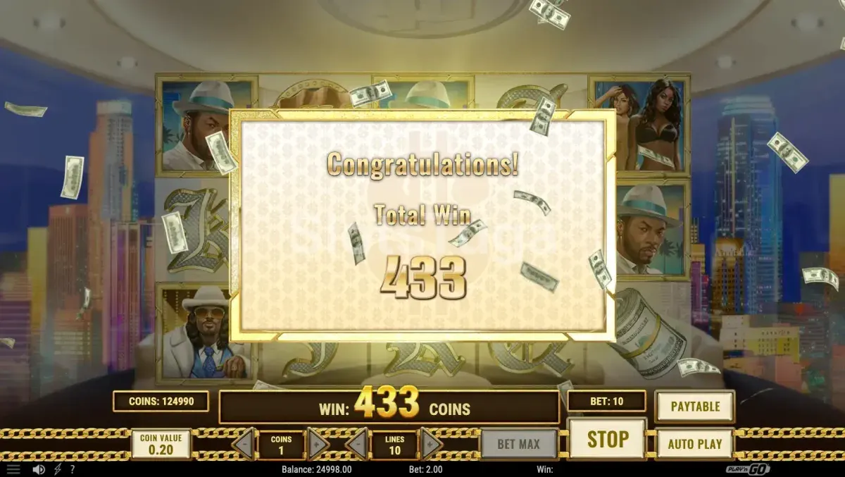 Tela de grande vitória na slot Pimped com chuva de dólares