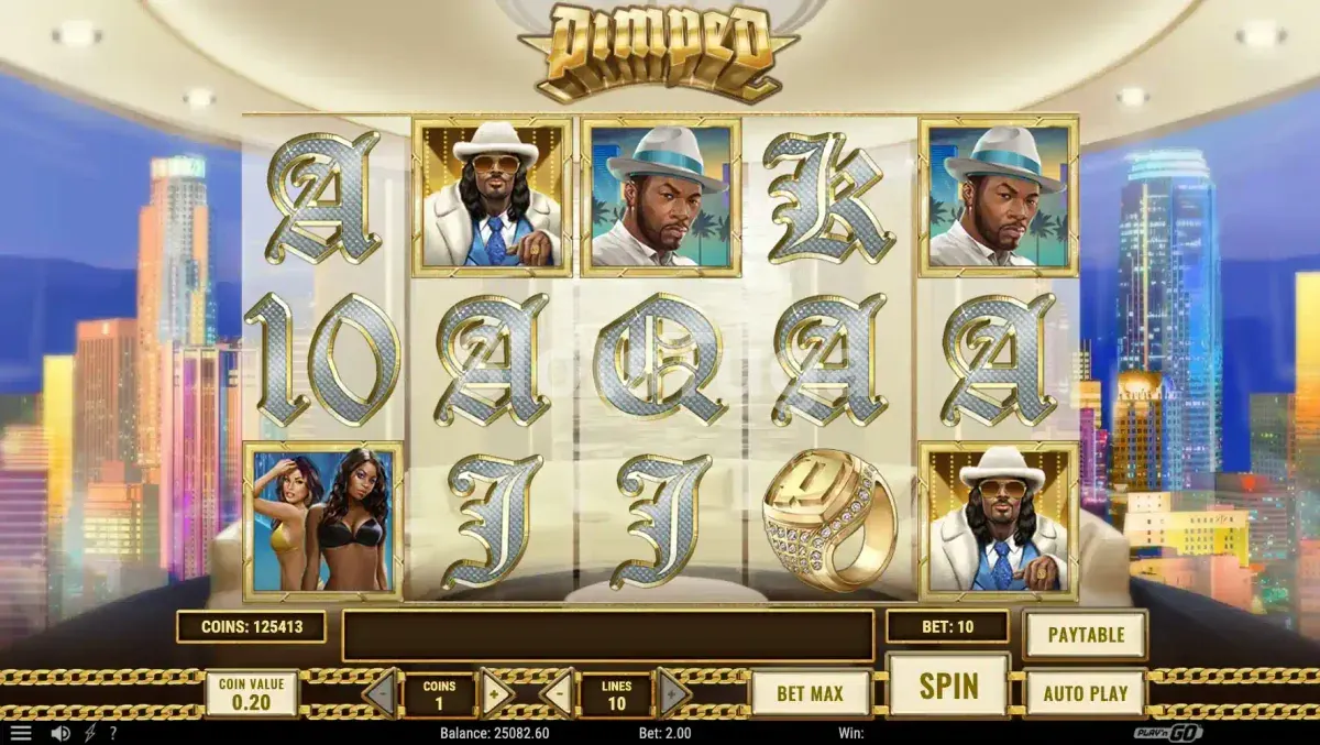 Jogo base da slot Pimped com tema hip-hop e reels animados
