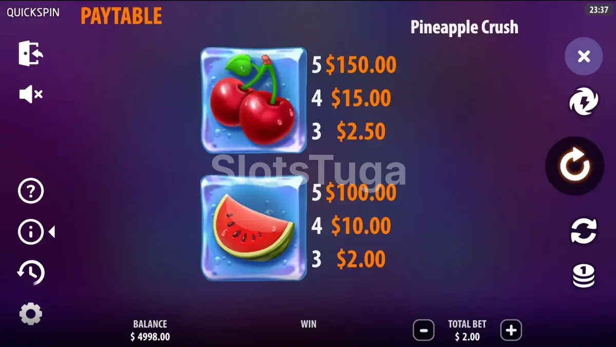 Tabela de pagamentos da Pineapple Crush mostrando símbolos e prêmios