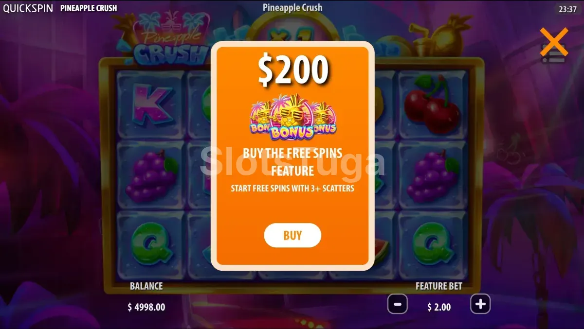 Tela de compra de bônus da slot Pineapple Crush da Quickspin