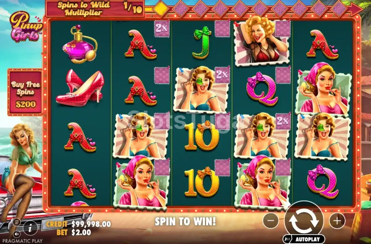Jogo base da slot Pinup Girls com rolos coloridos e temática retrô