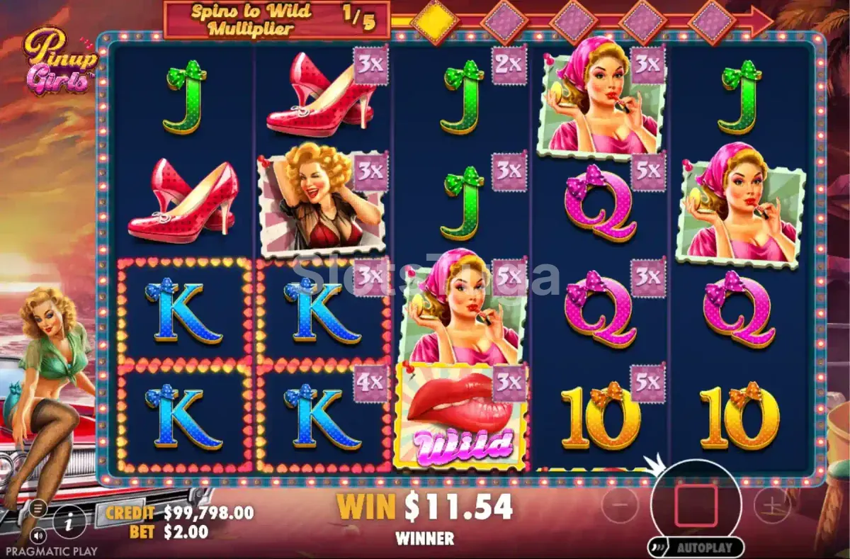Tela de rodadas grátis ativadas na slot Pinup Girls com multiplicadores