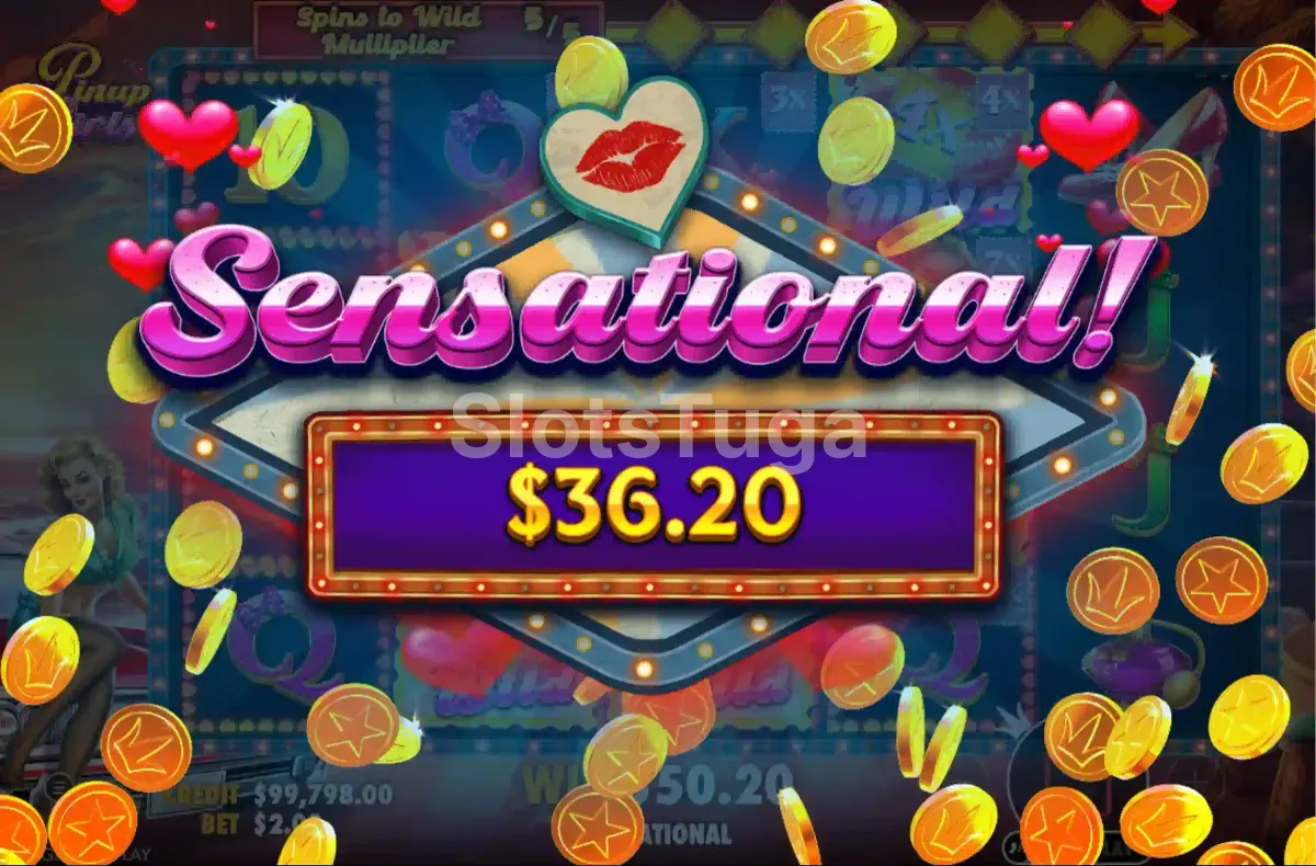 Grande vitória na slot Pinup Girls com animação de big win na tela