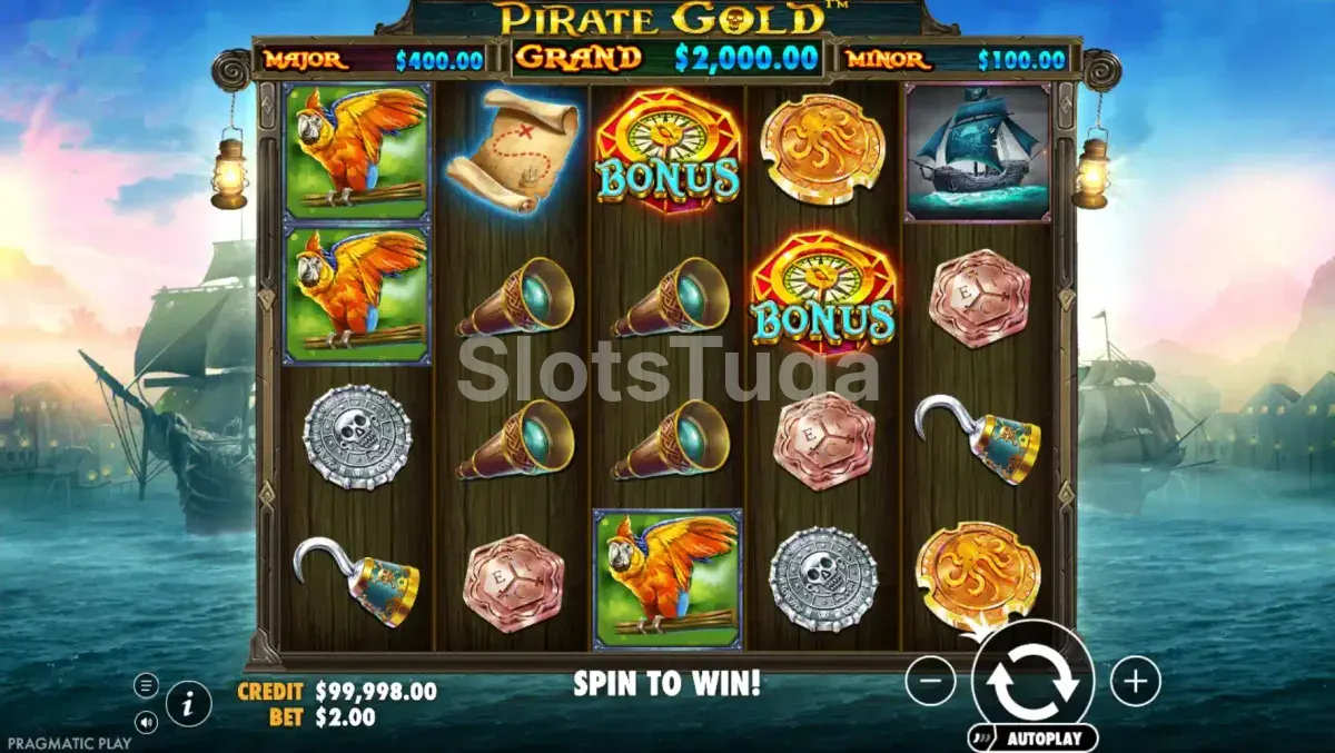 Jogo base da Pirate Gold com tema pirata e rouleaux coloridos