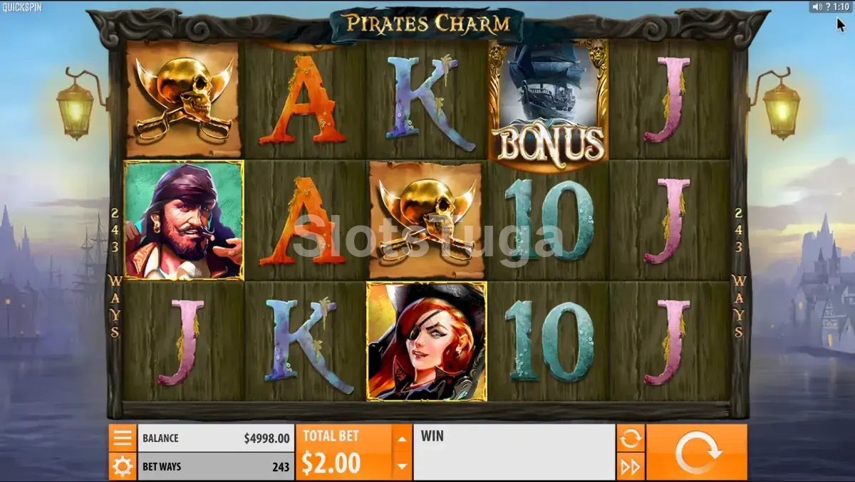 Tela principal do jogo Pirate's Charm com os símbolos no grid