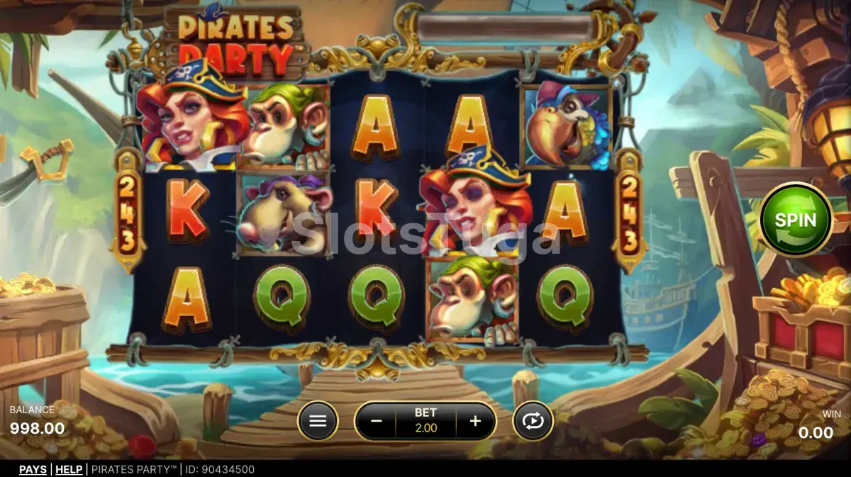 Tela principal da slot Pirates Party com piratas e ambiente de taverna