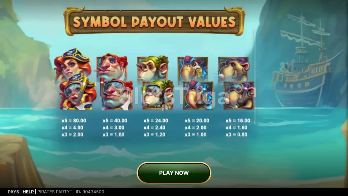 Tabela de pagamentos da slot Pirates Party mostrando símbolos e valores