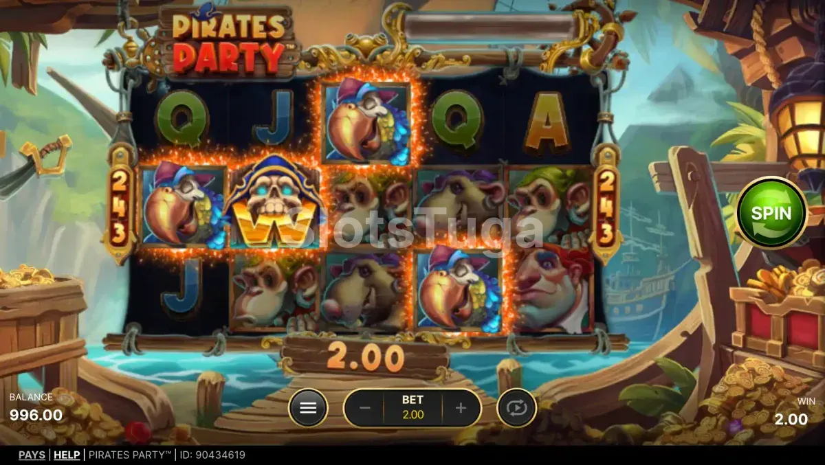 Rodada de giros grátis da slot Pirates Party com personagens usando snorkel