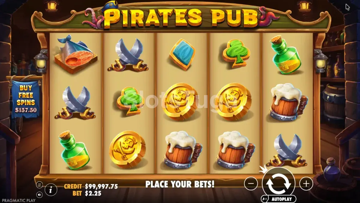 Jogo base da slot Pirates Pub com piratas no bar