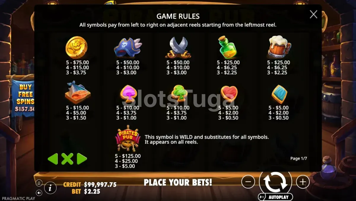 Tabela de pagamentos da slot Pirates Pub Pragmatic Play