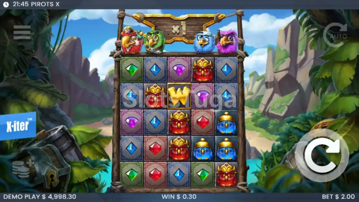 Jogo base da slot Pirots X com papagaios piratas