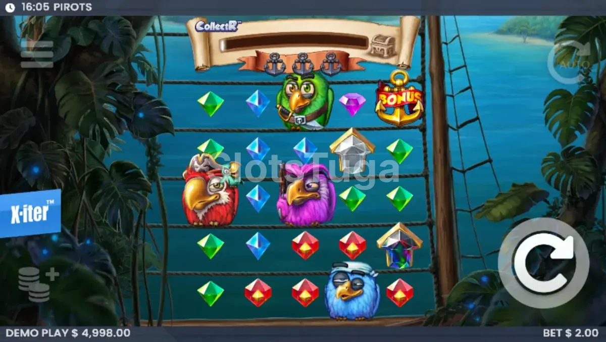 Tela principal do jogo Pirots com papagaios coloridos na grade