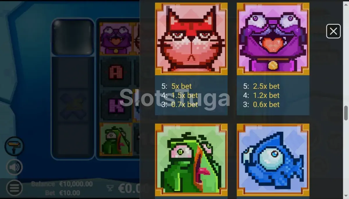 Tabela de pagamentos da slot Pixel Paws mostrando os símbolos e seus valores