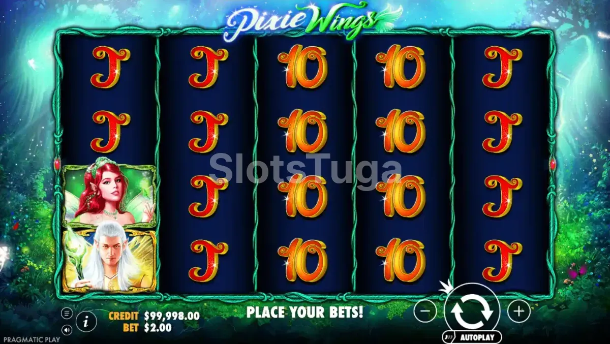 Tela principal do jogo Pixie Wings com os símbolos mágicos em destaque