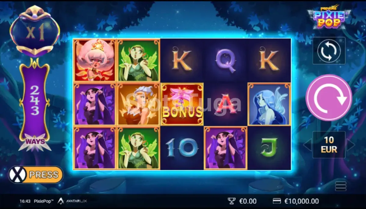 Tela principal do jogo PixiePop com os símbolos de fadas nos rolos