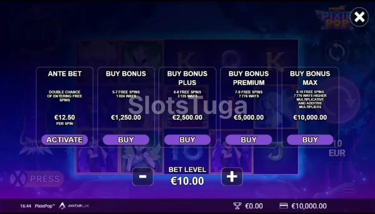 Tela de compra de bônus da PixiePop com as opções disponíveis para o jogador