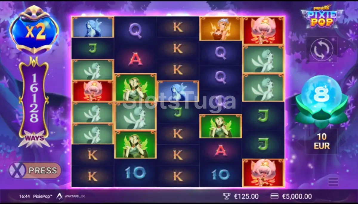 Rodada de giros grátis da PixiePop com multiplicadores ativos nos rolos