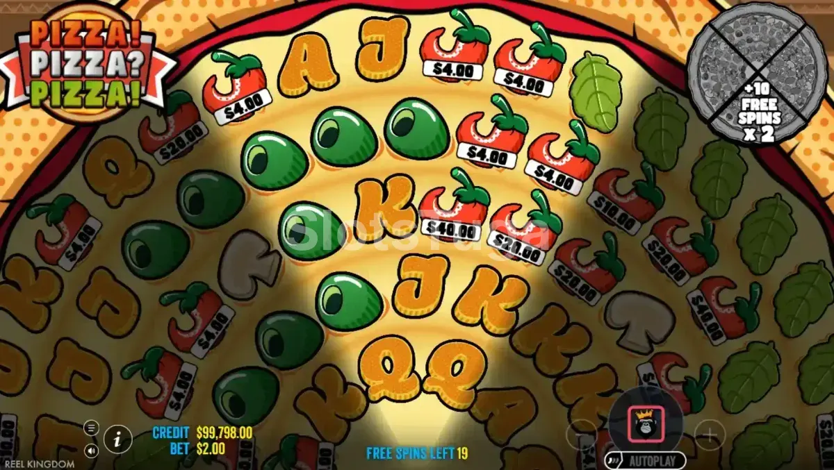 Rodada de free spins do Pizza Pizza Pizza com símbolos de dinheiro nas pimentas