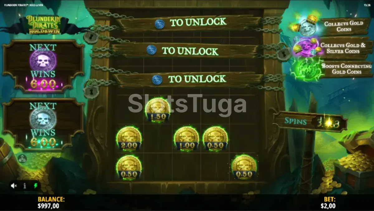Rodadas grátis ativadas no Plunderin' Pirates Hold & Win com multiplicador