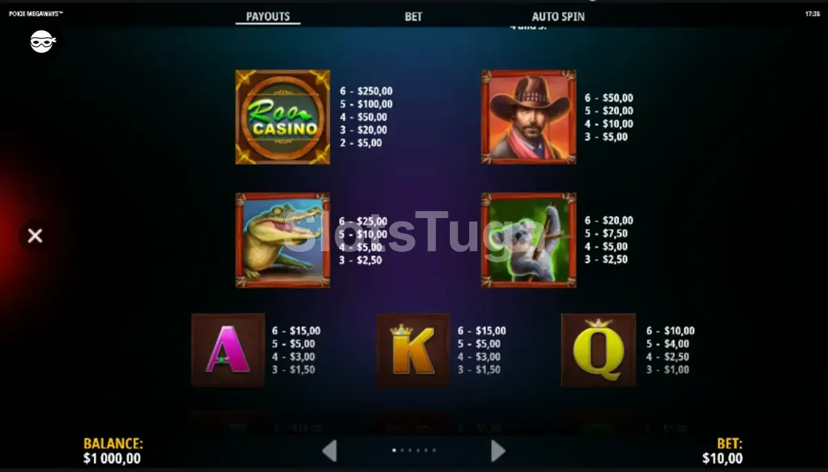 Tabela de pagamentos da Pokie Megaways com todos os símbolos