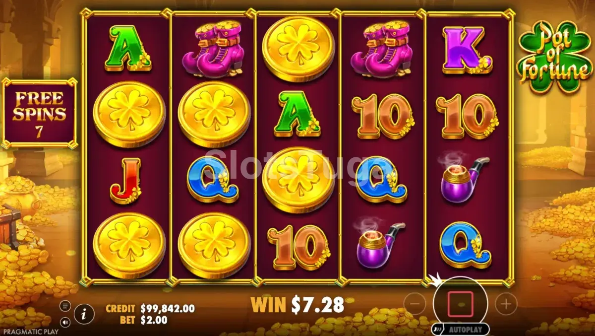 Rodada de giros grátis do Pot of Fortune com wilds fixos na tela